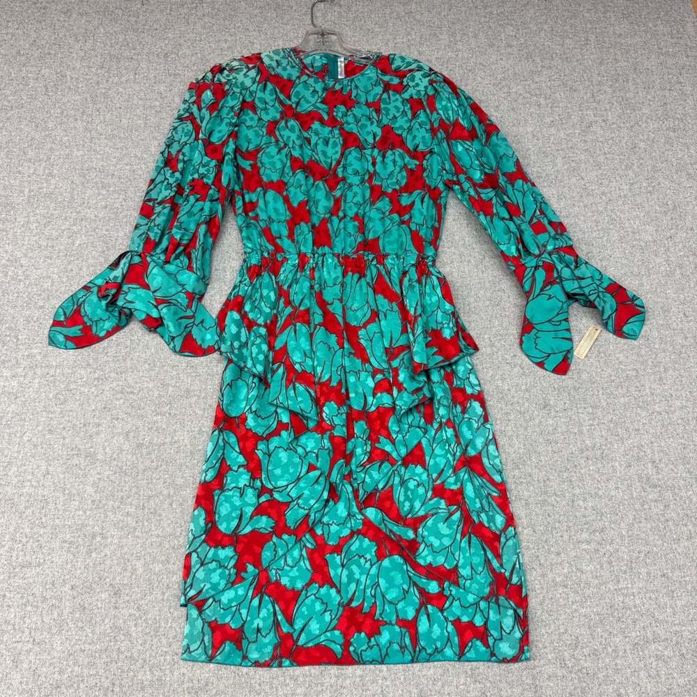 Amen Wardy Floral Peplum Midi Dress Small Red Turquoise Puff Sleeve Tie Cuff NWT